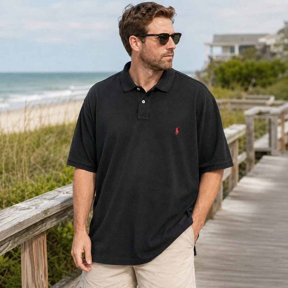 Vintage Polo Ralph Lauren Polo Shirt Mens 3XLT Black Pique Pony Golf Preppy 90s